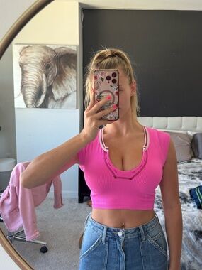 Urban Outfitters, Out From Under, Hot Pink Ribbed Scoop Neck Crop Top, Size XS/S